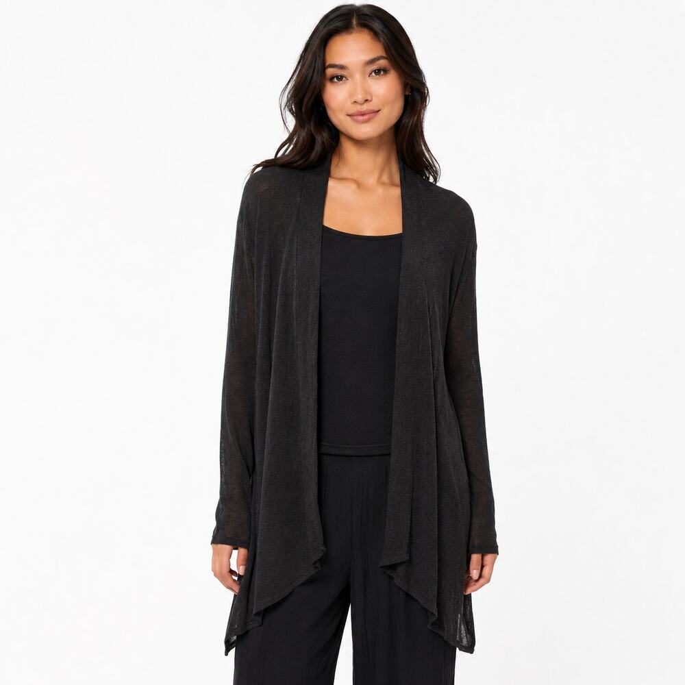 Eileen Fisher Linen Blend Cardigan Womens XL Black Italian Yarn Open Front Knit